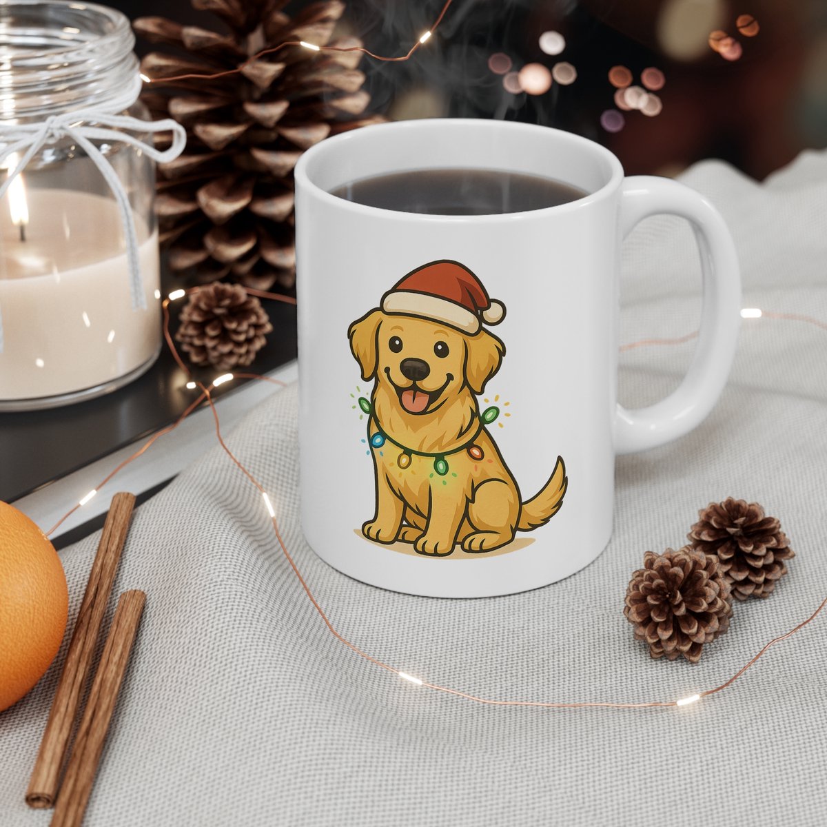 Kerstmok met Golden Retriever – Vrolijke Hondenmok met Kerstverlichting