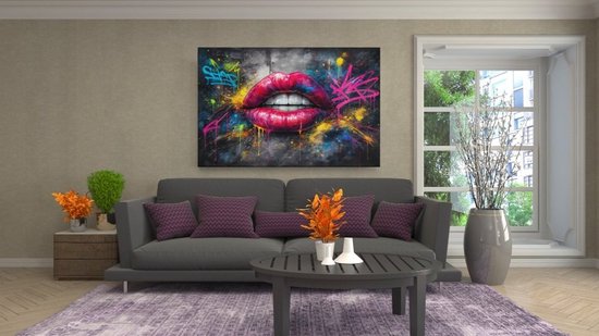 Peinture sur toile Graffiti - Lèvres colorées - 120x80x2 cm
