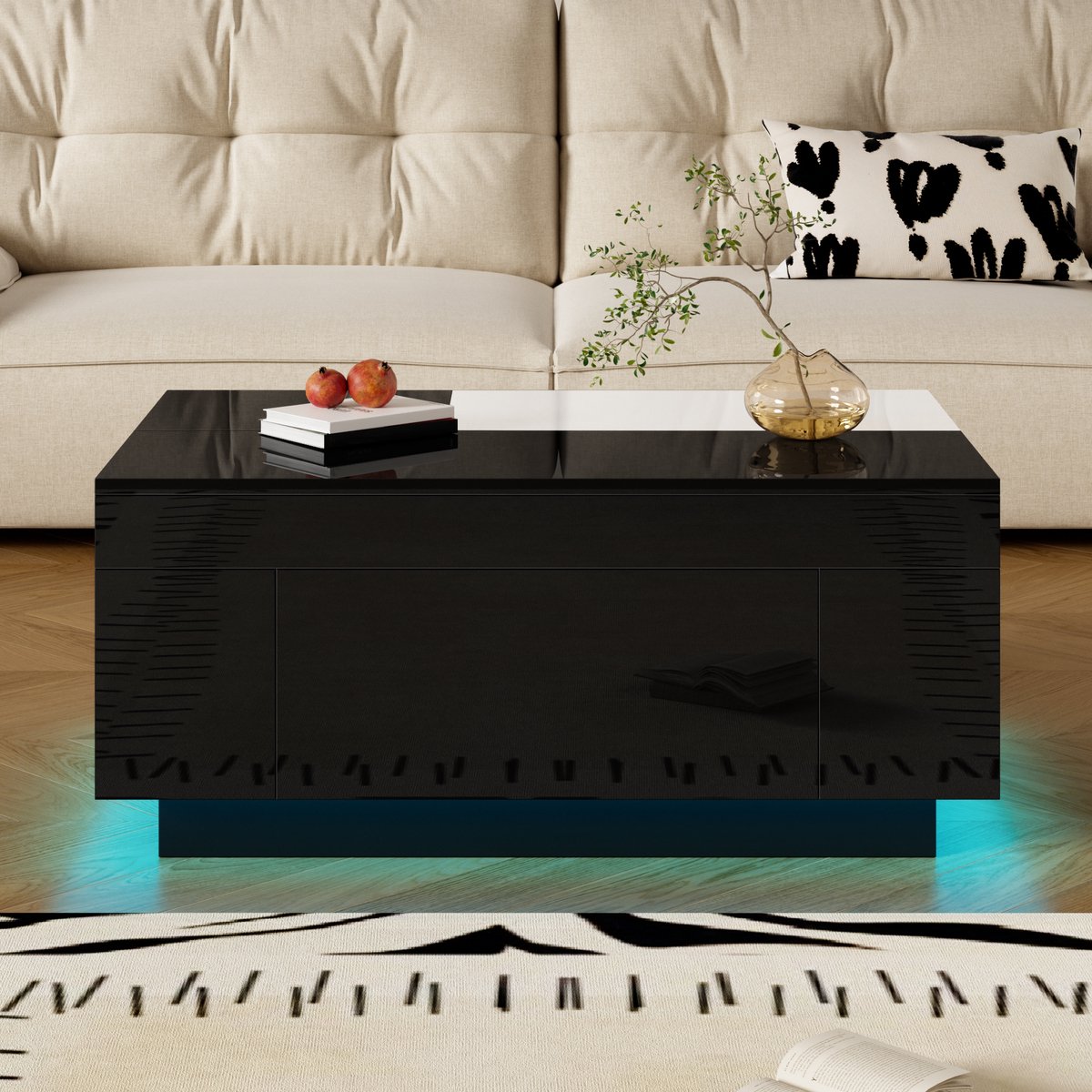 MODFU Hoogglans Salontafel met LED Verlichting, Zwart-Wit Uittrekbare Tafelblad en Verstopte Opbergruimte Zwart + Wit