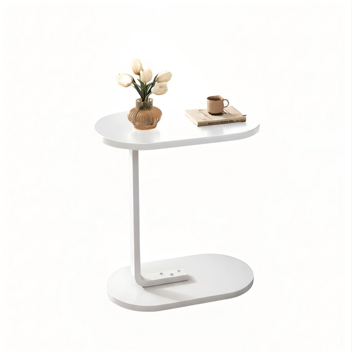 STILVORA Bijzettafels – Bijzettafel Met Metaalframe, C-Vormige Sidetable Voor Bank, Handig Voor Snacks En Koffie – Hout + Metaal – Wit(Ovaal)