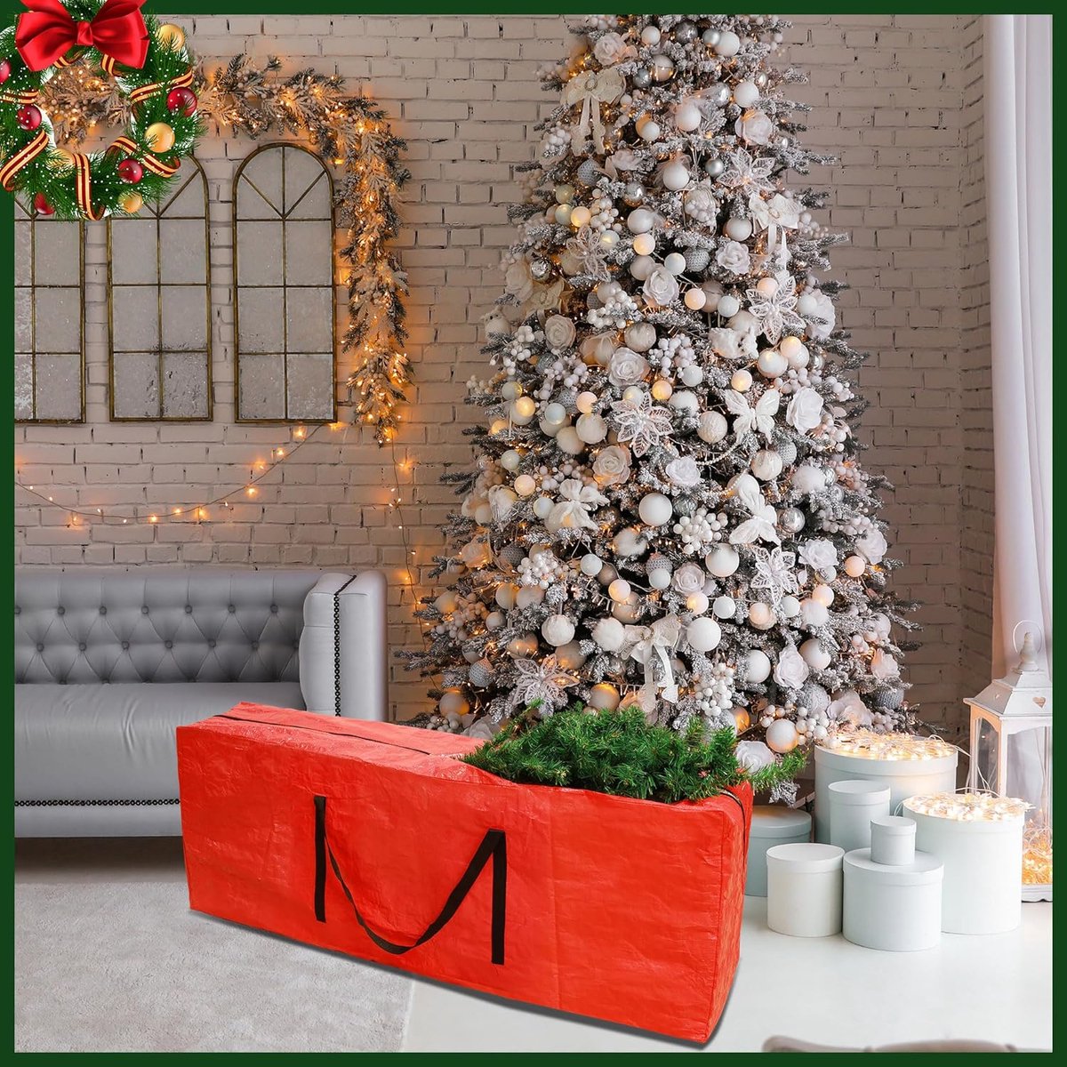 Kerstboom Opslagzak – Duurzame Opslagdoos met Versterkte Handvatten (122x38x53cm, Rood)