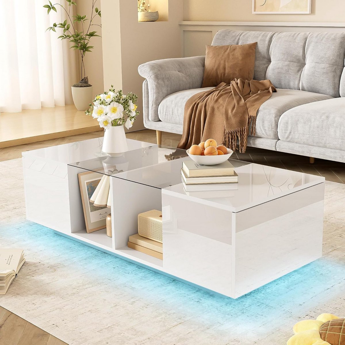 Moderne Salontafel Wit Hoogglans met LED Verlichting en Opbergruimte