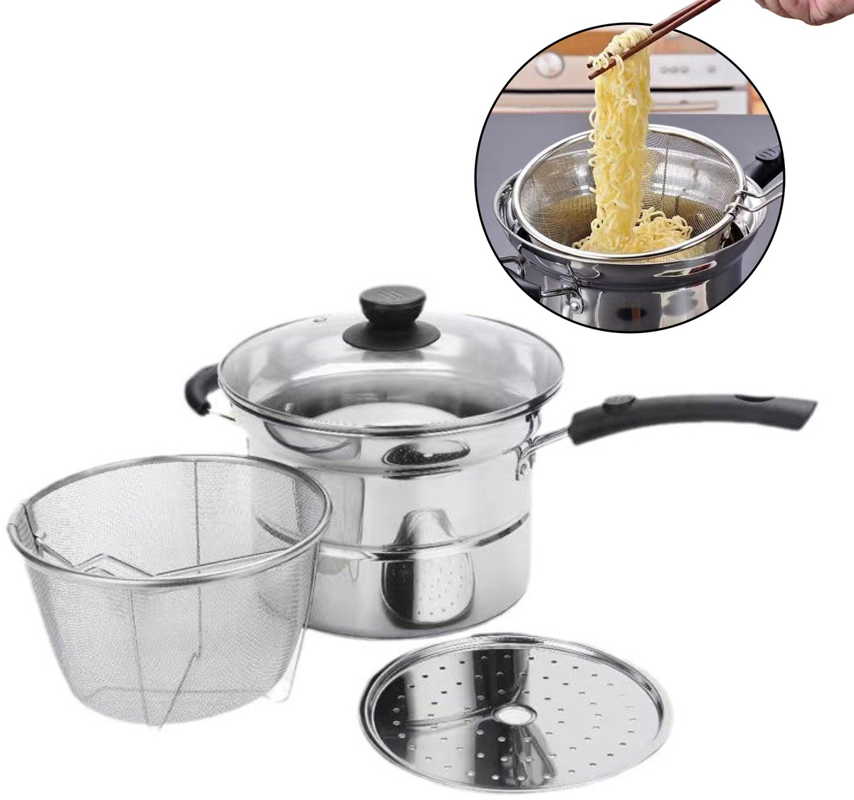 CHIWIN Edelstahl Kochtopf Set 4-Delig – 17 cm – Met Glasdeksel, Uitneembaar Zeef & Stoominzet – Inductiegeschikt – Hoogglans Gepolijst – Multifunctioneel