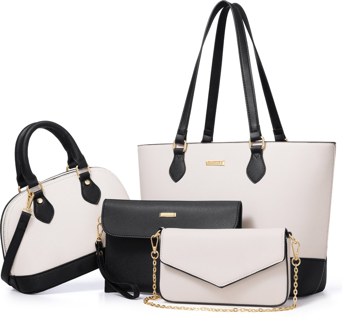 Wishdor Dames Schoudertas Set van 4 – Zwarte en Witte Handtassen en Totebags voor Kantoor, School, Winkelen, Reizen en als Cadeau