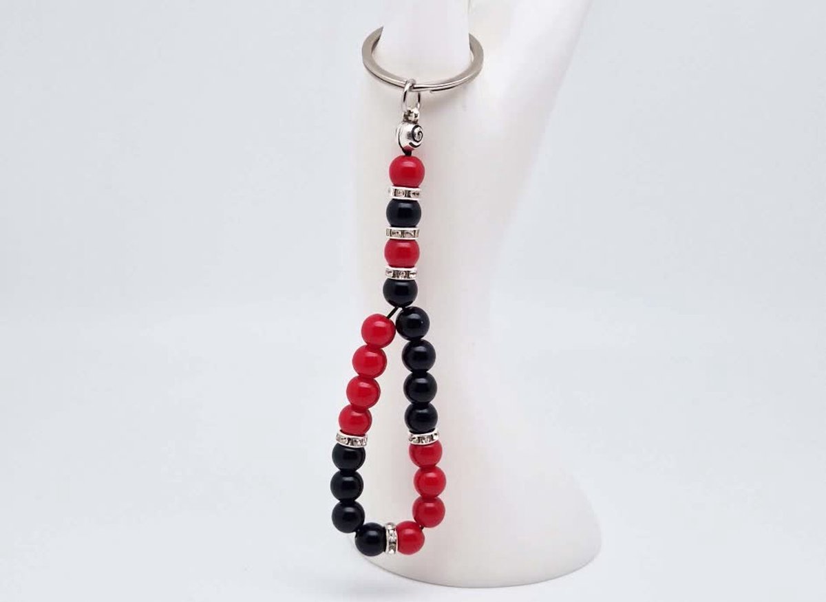 Handgemaakte Tasbih sleutelhanger van natuursteen "Obsidian-Bloedkoraal" en metaal - diameter kralen 8mm - Aantal stenen 20 - Een mooi cadeau-idee en een bijzonder aandenken