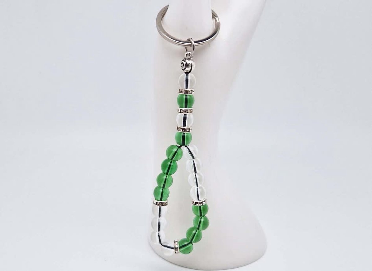 Handgemaakte Tasbih sleutelhanger van natuursteen "Bergkristal-Groene kwartz" en metaal - diameter kralen 8mm - Aantal stenen 20 - Een mooi cadeau-idee en een bijzonder aandenken