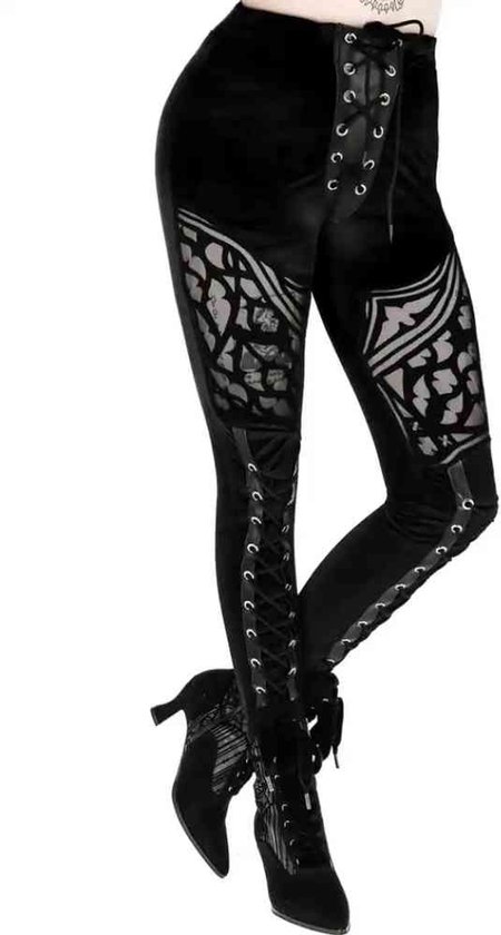 Zwarte legging met vetersluiting op de taille en benen, met opengewerkte patronen bij de heupen.