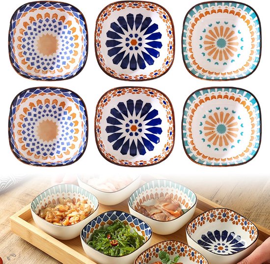 Sinzau 6 Stuks Keramische Dipschalen, Stapelbare Mini-Sojasaus Schaaltjes Voor Dessert, Sushi, Snack, 6 Patronen
