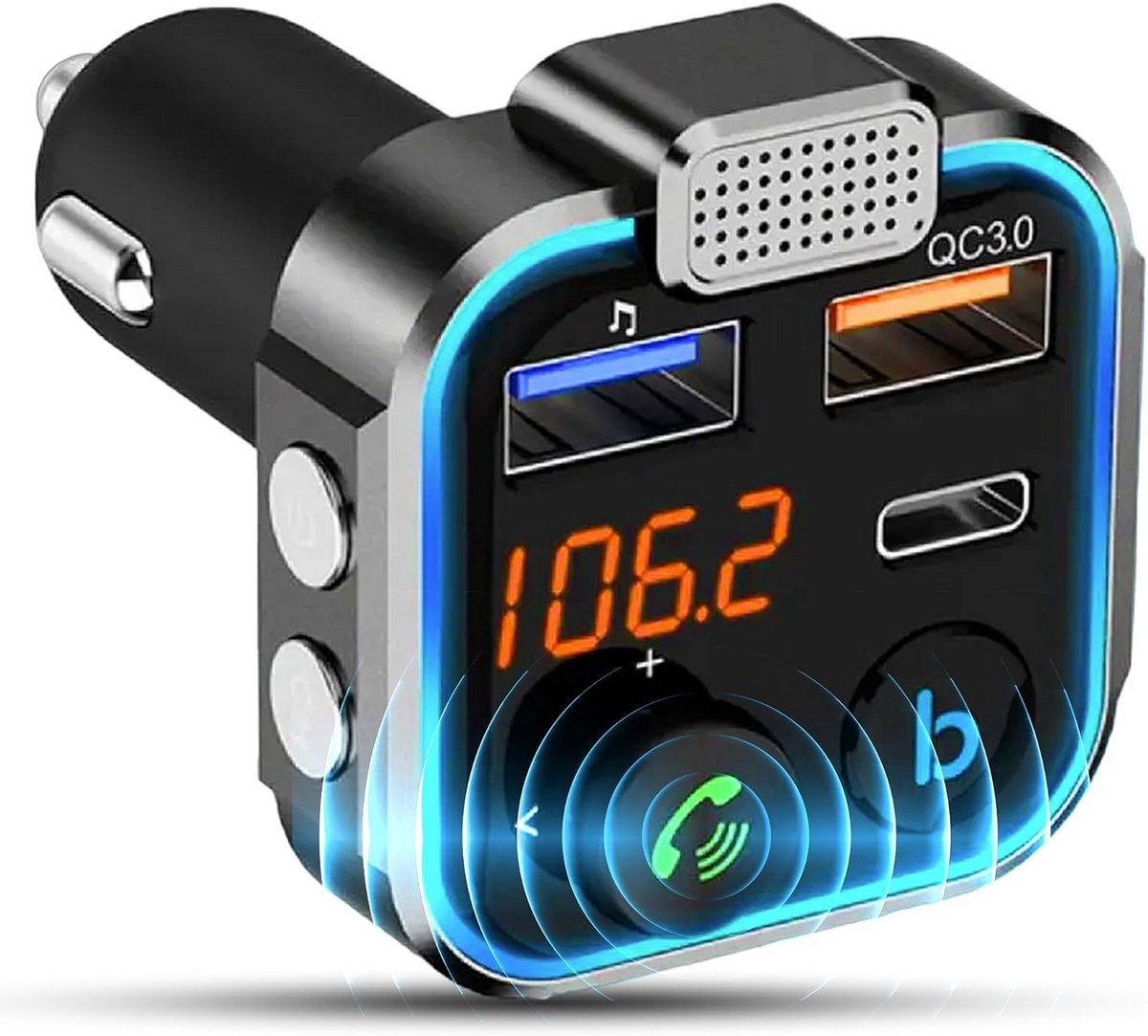 Bluetooth FM Transmitter voor Auto met USB-C Snelladen en Handsfree Functie