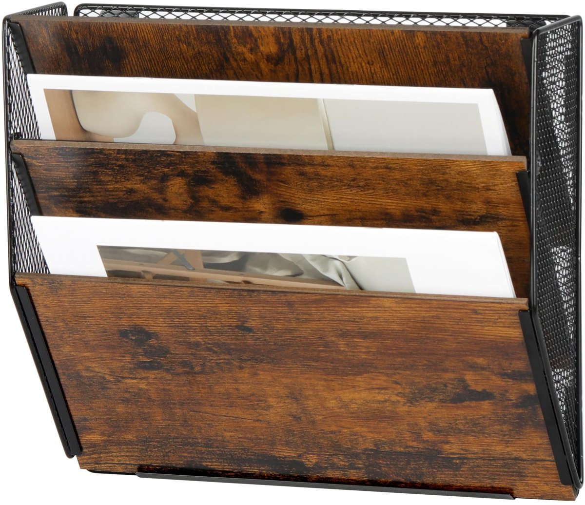 Unyqoos Houten wandorganizer met verstelbare vakken voor documenten en tijdschriften Bruin zwart
