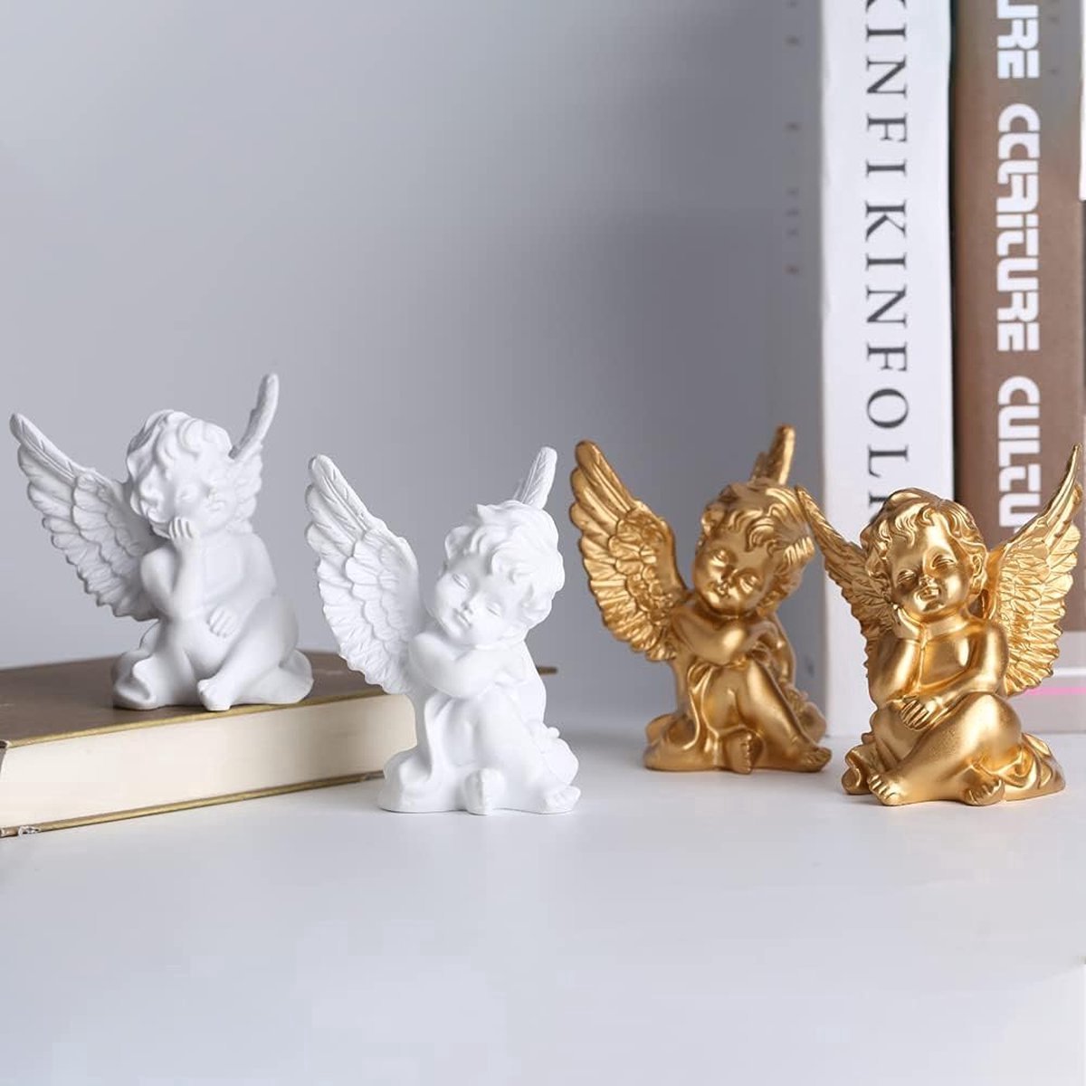 Stunq® 2 stks Hars Engel Beeldje Slapende Engel Beeldje Sculptuur Binnen Buiten Home Decor Schattig Charmant Hoek Sculptuur Memorial Standbeeld 10 cm (Goud)