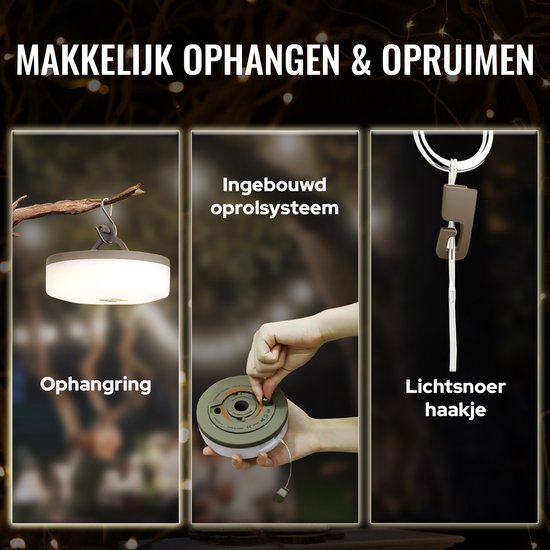 Tech Essentials Camping Lichtsnoer - 100LEDs - 10M - Warm-Wit Licht - Tentlamp - USB-Oplaadbaar - Oprolbaar - Kampeerlamp - Hanglamp - Nood — afbeelding 5