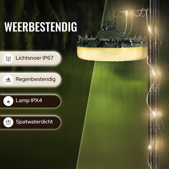 Tech Essentials Camping Lichtsnoer - 100LEDs - 10M - Warm-Wit Licht - Tentlamp - USB-Oplaadbaar - Oprolbaar - Kampeerlamp - Hanglamp - Nood — afbeelding 4