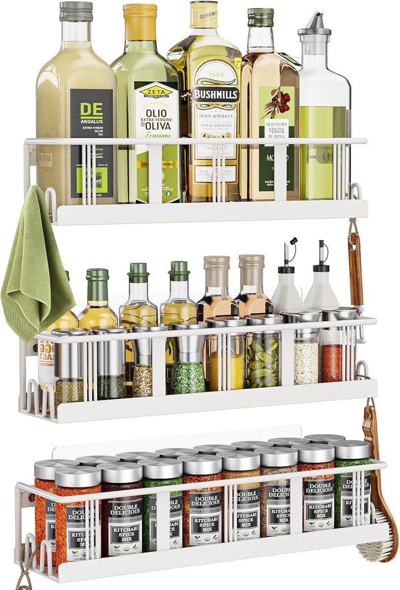 Kruidenrek voor aan de Muur - 3-Pack - Ruimtebesparende Keukenorganizer voor Kruidenpotten
