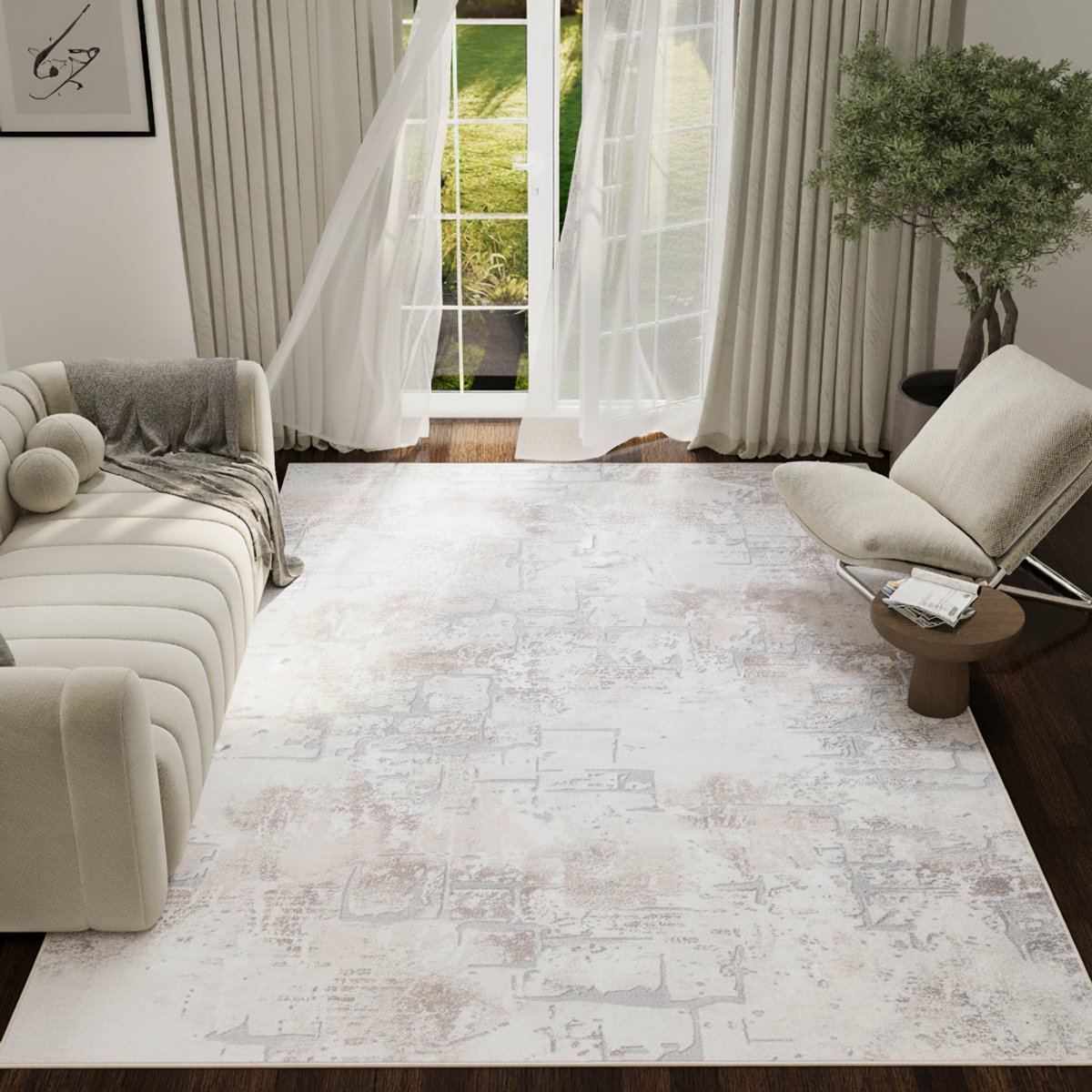 Tapiso ASH Vloerkleed Crème Abstract Vintage Design Laagpolig Tapijt Voor Woonkamer Slaapk