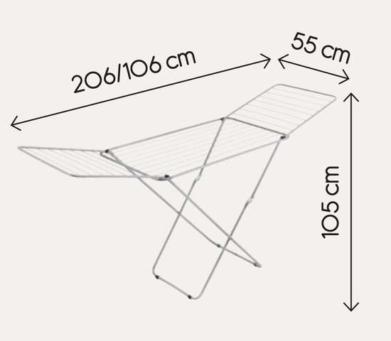 Zilverkleurig inklapbaar droogrek met afmetingen: 206/106 cm lang, 55 cm breed, 105 cm hoog.