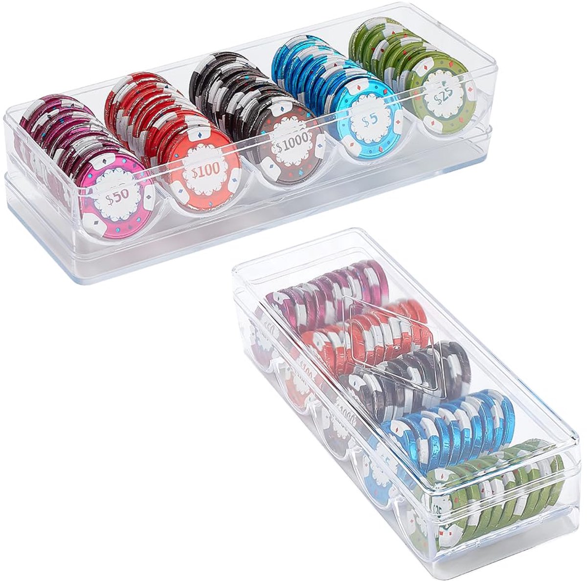 2 stuks transparante plastic pokerchiptablets, casinopoker, chiphouder, poker, chiphoes met hoes voor chips, standaardformaat chiphoes, elk met ruimte voor 100 chips