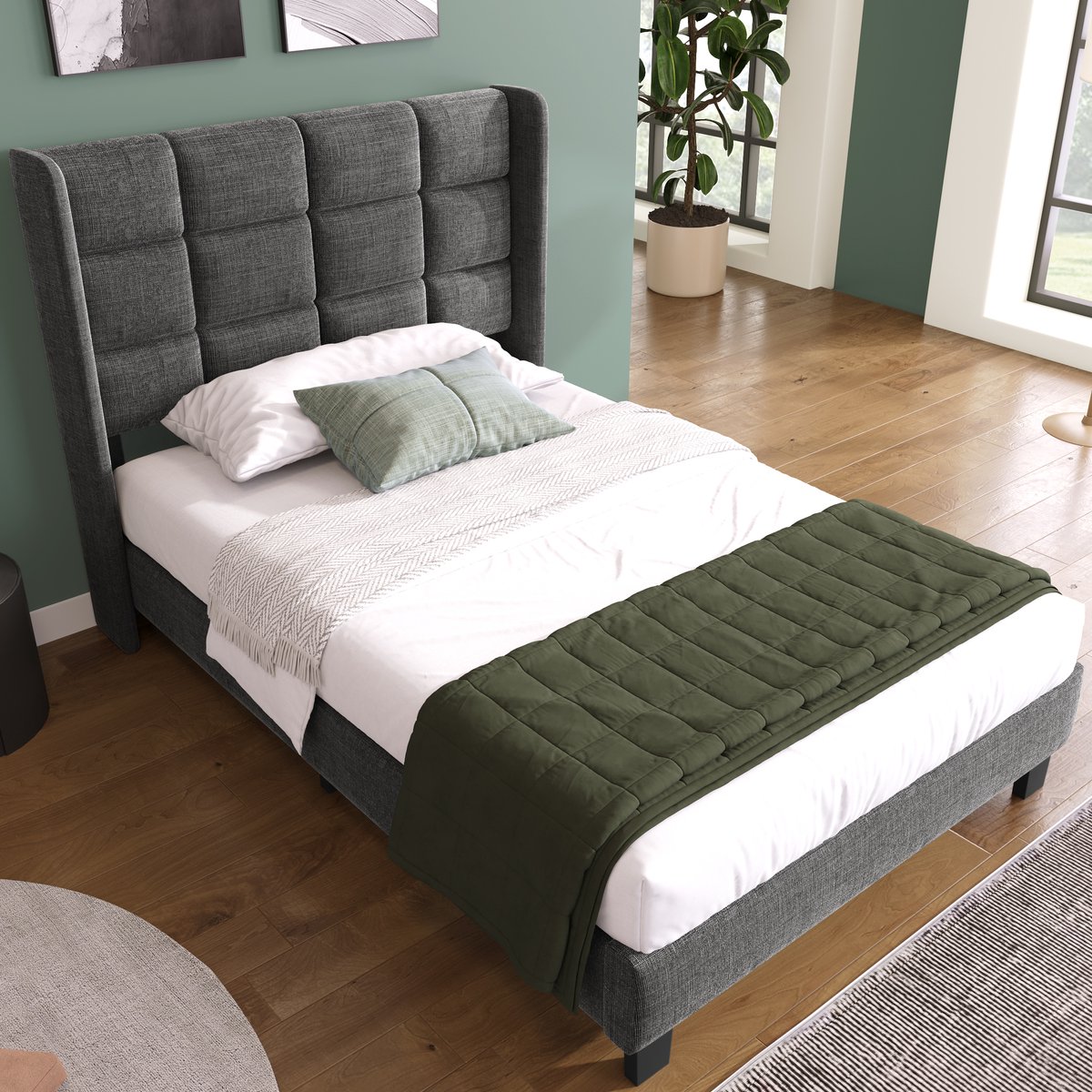 Comfortabel Gestoffeerd Bed, Tijdloos Design in Grauw/Blauw, Geluidsarme Lattenbodem, Stevig Metalen Frame, Perfecte Slaapbeleving