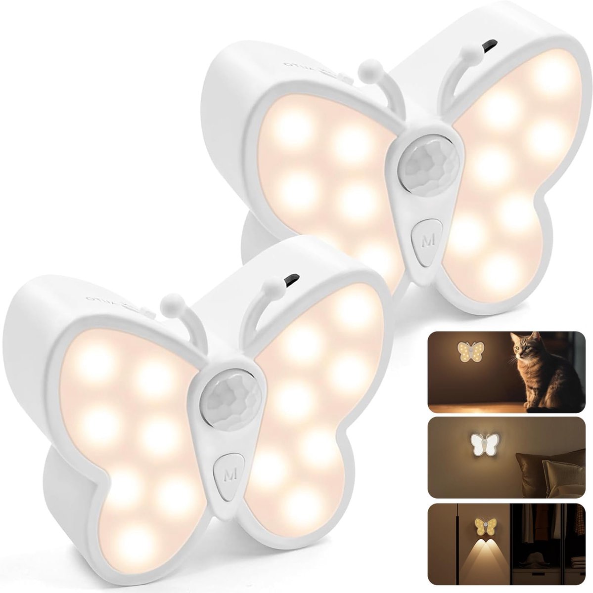 Ynkkvre - Nachtlampje - Nachtlampje met bewegingssensor - Oplaadbaar lampje - Vlinder LED-nachtlampje met spotje - Traploos dimbaar kastverlichting en trapverlichting - USB oplaadbaar - Voor trap-Gang-Badkamer-Kinderkamer-2pcs