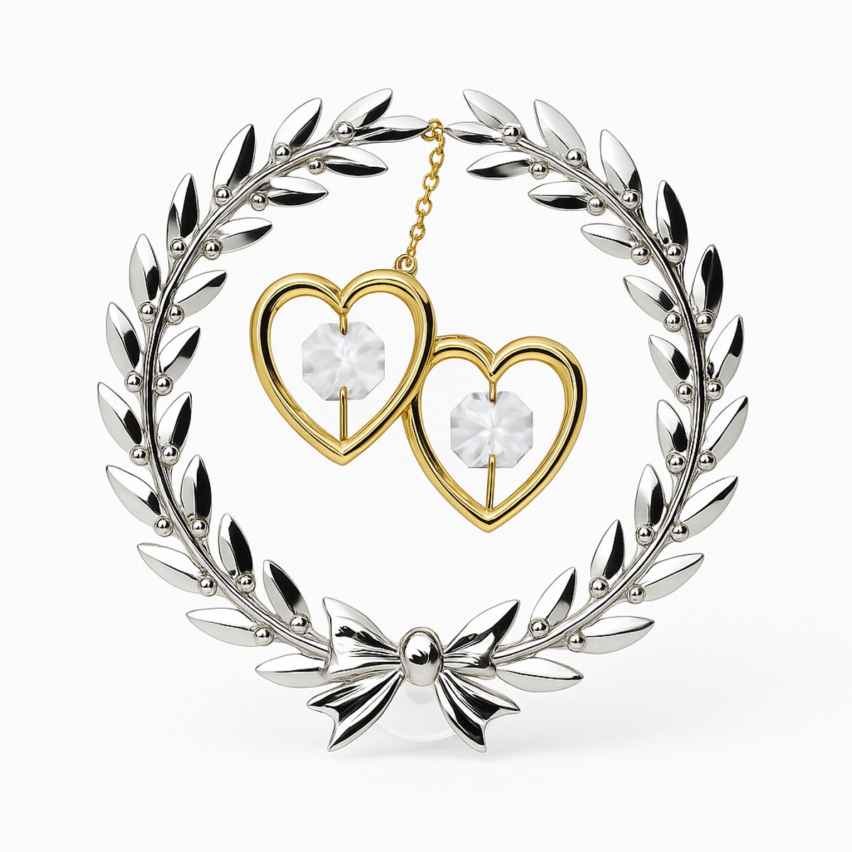Silver & Gold Crystal Hearts – Luxe Ornament met Dubbele Harten, Swarovski-Kristallen & Wreath Design