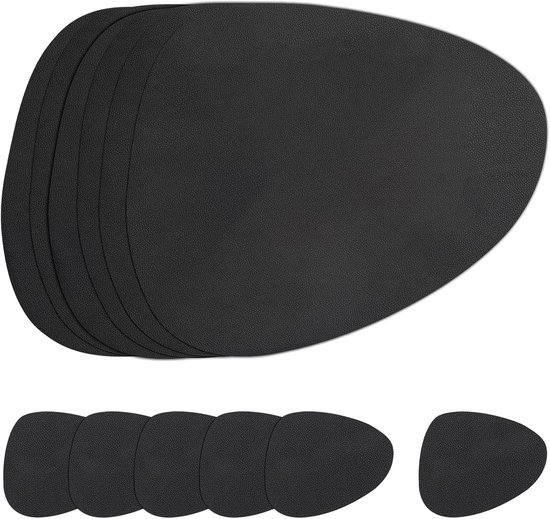 Sets de table et dessous de verre en cuir, Tapis de Cuisine imperméables double face, sets de table à café, Napperons et Sous-verres de verre lavables antidérapants (Driehoek rond, Zwart)
