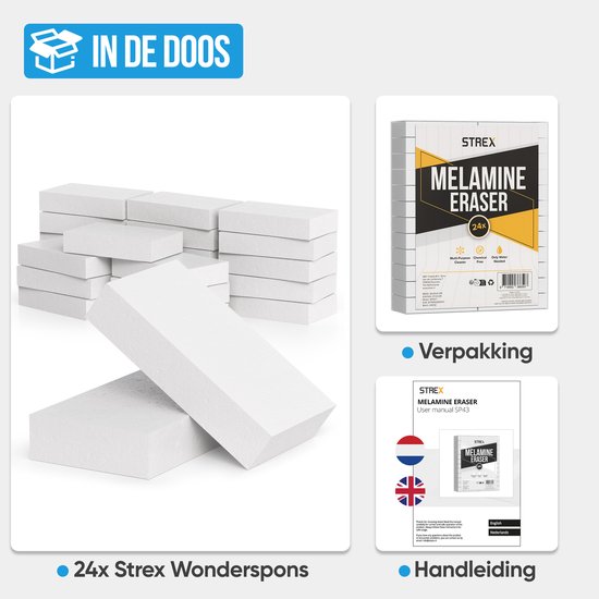 Strex Wonderspons 24 stuks - Melamine Spons - Schuursponsjes Krasvrij - Auto & Schoonmaak Spons - Vlekken Verwijderaar - Geschikt Voor Alle Oppervlakken