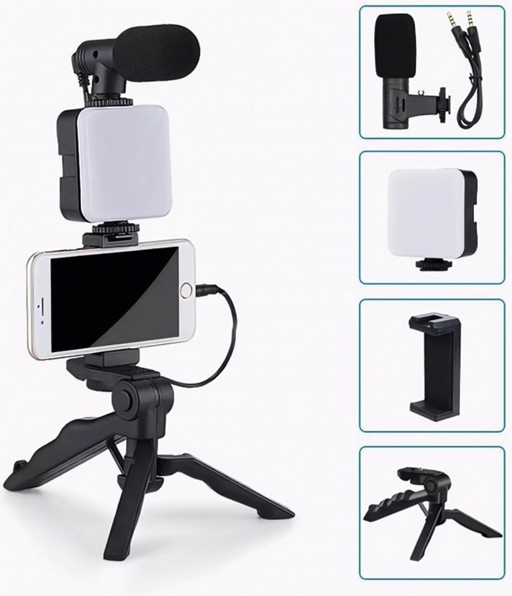 Kit Vlogging Smartphone Avec Micro, Lumière LED Et Trépied - Équipement Vidéo Portable Pour Streaming