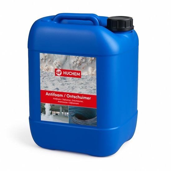 Blauwe kunststof jerrycan van 20 liter met een Huchem 'Antifoam / Ontschuimer' etiket.