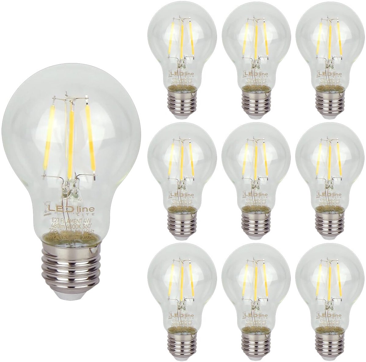 LED line LITE LED Filament Lamp A60 E27 - 4W (vervangt 40W) - 480lm - Ø60mm - 230V - Energiezuinig - 10 stuks