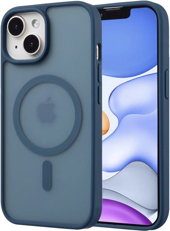 Coque YPCd MagSafe bleu foncé pour iPhone avec anneau magnétique circulaire et découpe pour appareil photo.