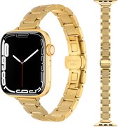 Gouden RVS horlogebandje met matte-glitter schakels om een Apple Watch met gouden kast.