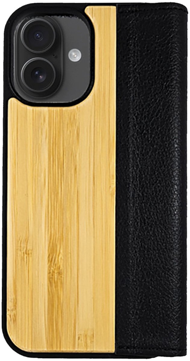 Houten flip case, iPhone 16 – Bamboe met zwart leer