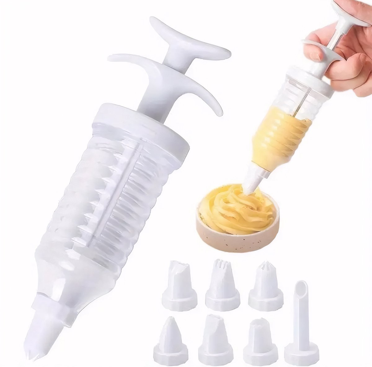 Set van 8 stuks - Spuitmondjes - Garneerspuit - met 7 spuitmondjes - Slagroomspuit - cupcake - decoratieset - taart - decoratie - Herbruikbaar - kunststof - 18*6cm - wit