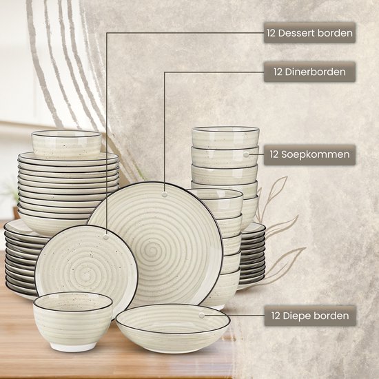 Een gestapelde beige servies set met spiraalpatroon en zwarte rand. Labels geven 12 dinerborden, 12 dessertborden, 12 kommen en 12 soepkommen aan.