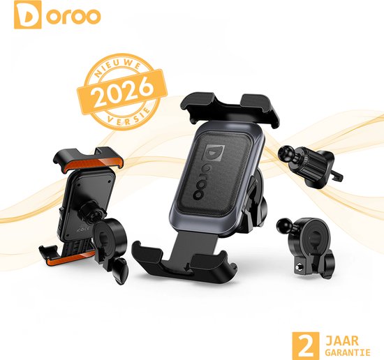Doroo 2-in-1 Support Téléphone Vélo, Moto & Auto-Support Téléphone Auto-Support Téléphone Vélo – Support GSM Universel avec Pince de Sécurité & Rotation 360° – Support Smartphone pour Vélo, Scooter, Vélo Électrique, Fatbike et Auto