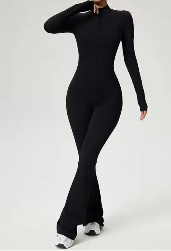 Volt Zip Flare Jumpsuit - Maat S - Zwart - Ribbed Stretch Jumpsuit met Ritssluiting – Comfortabele Flare Fit - Black - Seamless - Dames — afbeelding 4
