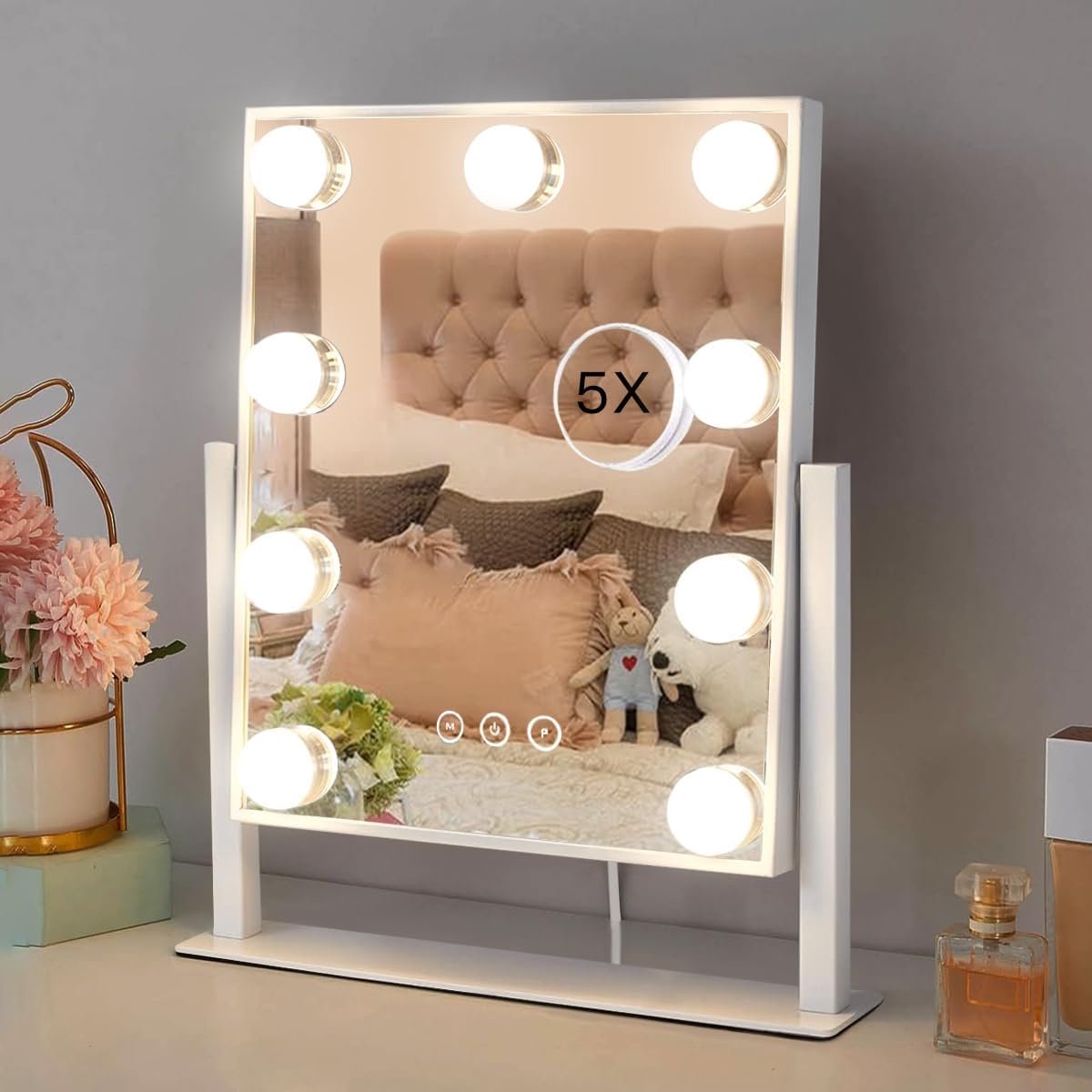 Verlichte Hollywood Make-up Spiegel met 9 Dimbare Lampen en 5x Vergroting