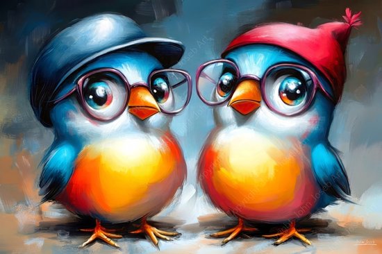 JJ-Art (Glas) 60x40 | Oiseaux amusants avec chapeaux et lunettes, humour, coloré, abstrait, art, oiseau, animal, chapeau, bleu, orange, jaune, rouge, moderne | Foto-schilderij-glasschilderij-acrylglas-acrylaat-wanddecoratie