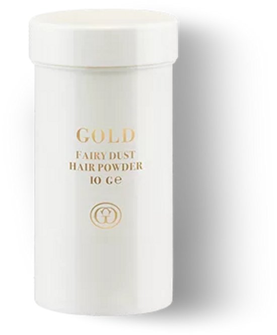 Witte pot met gouden letters, met de tekst 'GOLD FAIRY DUST HAIR POWDER 10 GE'.
