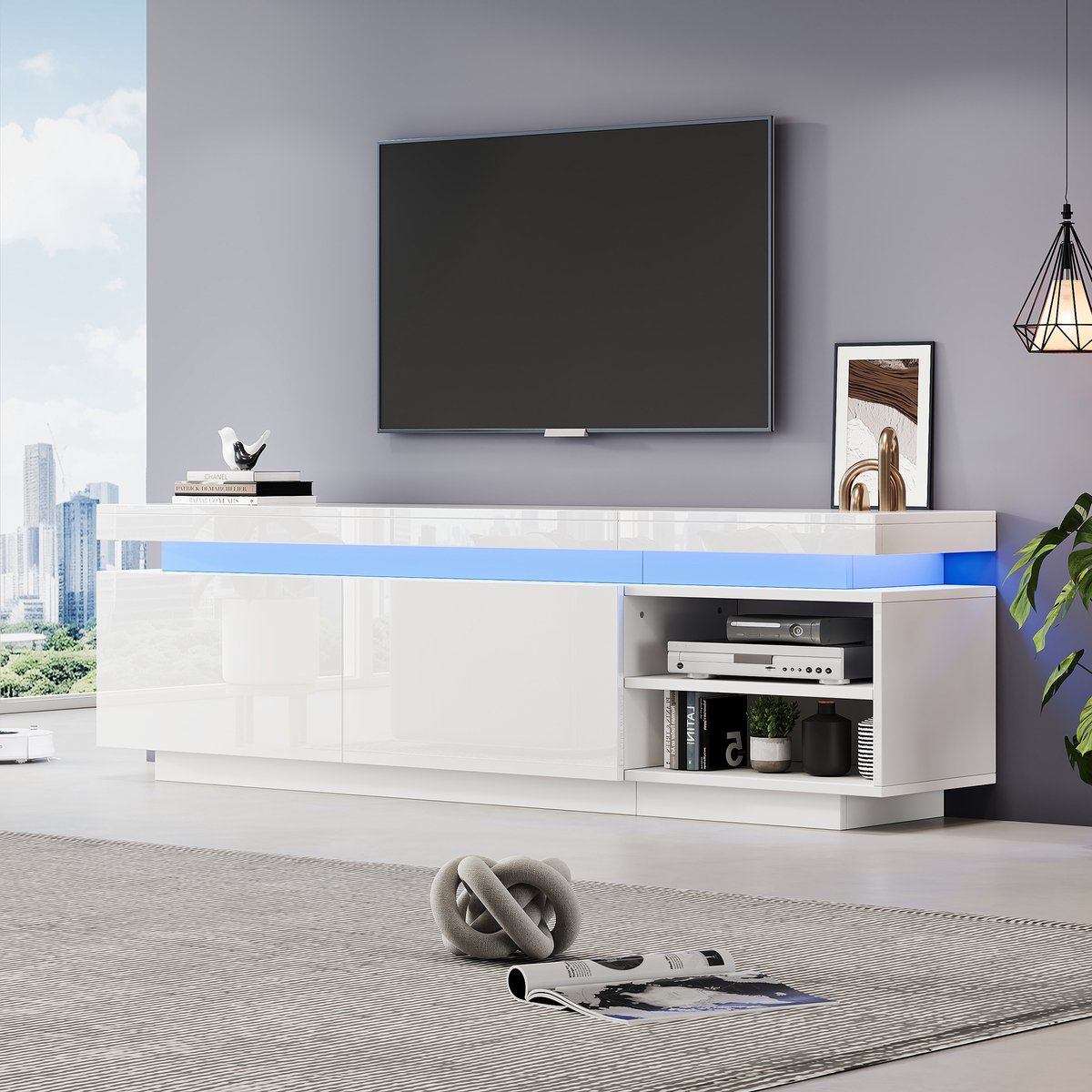 REDOM TV-meubel 170x35x50 cm van spaanplaat, wit hoogglans, met LED-verlichting en opbergruimte