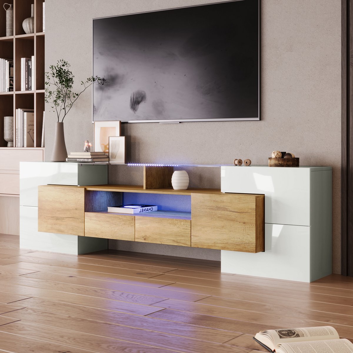 REDOM TV-meubel 200x35x60 cm van MDF en glas, met LED-verlichting, hoogglans wit en nature
