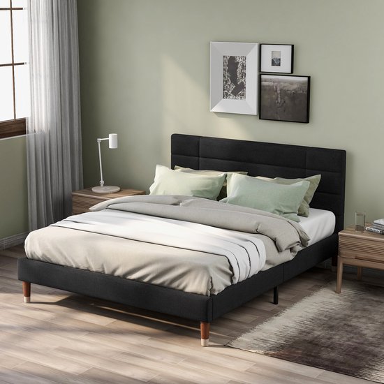 MODFU Gestoffeerd Tweepersoonsbed 140x200 cm – Linnen zwart – Met lattenbodem – Voor volwassenen & tieners