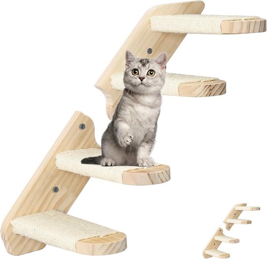 Hanured® Kattenwand – Houten Wandplanken Met 2 Huisjes, 4 Hangplanken, 1 Sisal Krabpaal En 2 Trappen – Klimparadijs Voor Katten