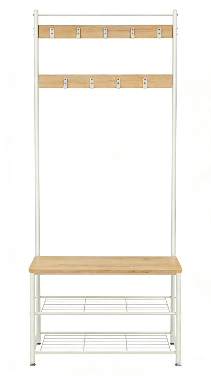 Kapstok,32 x 70 x 175cm, Wit+naturel en multifunctioneel halmeubel met schoenenbank, dubbel metalen schoenenrek en 9 afneembare haken, industrieel design, stevig metalen frame, geschikt voor gang en slaapkamer