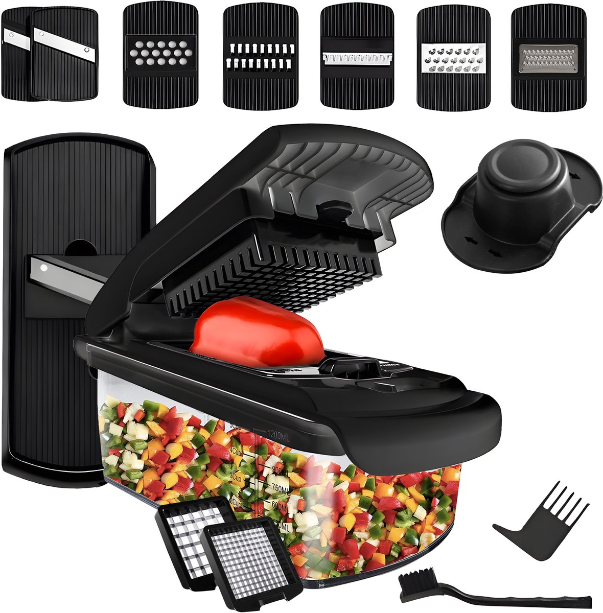 Cavos Mandoline - Groentesnijder - 16-in-1 Multifunctionele Mandoline Keukensnijder - Uiensnijder - Spiraalsnijder - Rasp - Handmatig - RVS - BPA-vrij - Zwart