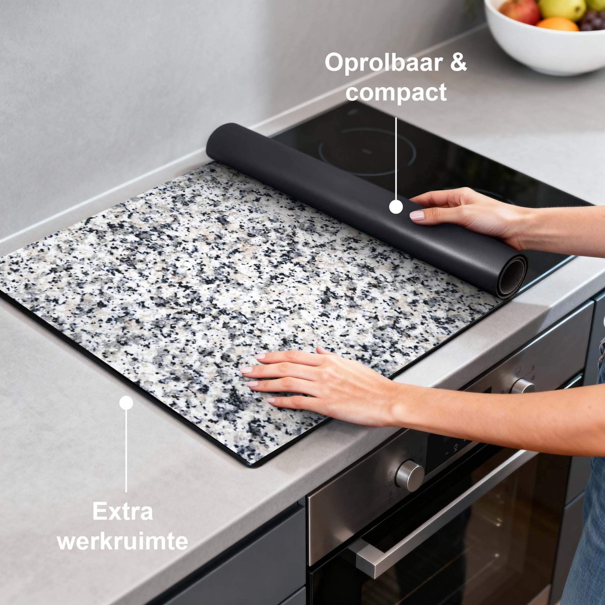 KitchenArt - Classic Granite - Inductie Beschermer - 52x35 cm - Kookplaat Beschermer - Luxe Afdekplaat Inductieplaat - Anti-slip & Oprolbaar - Beschermmat Inductiekookplaat
