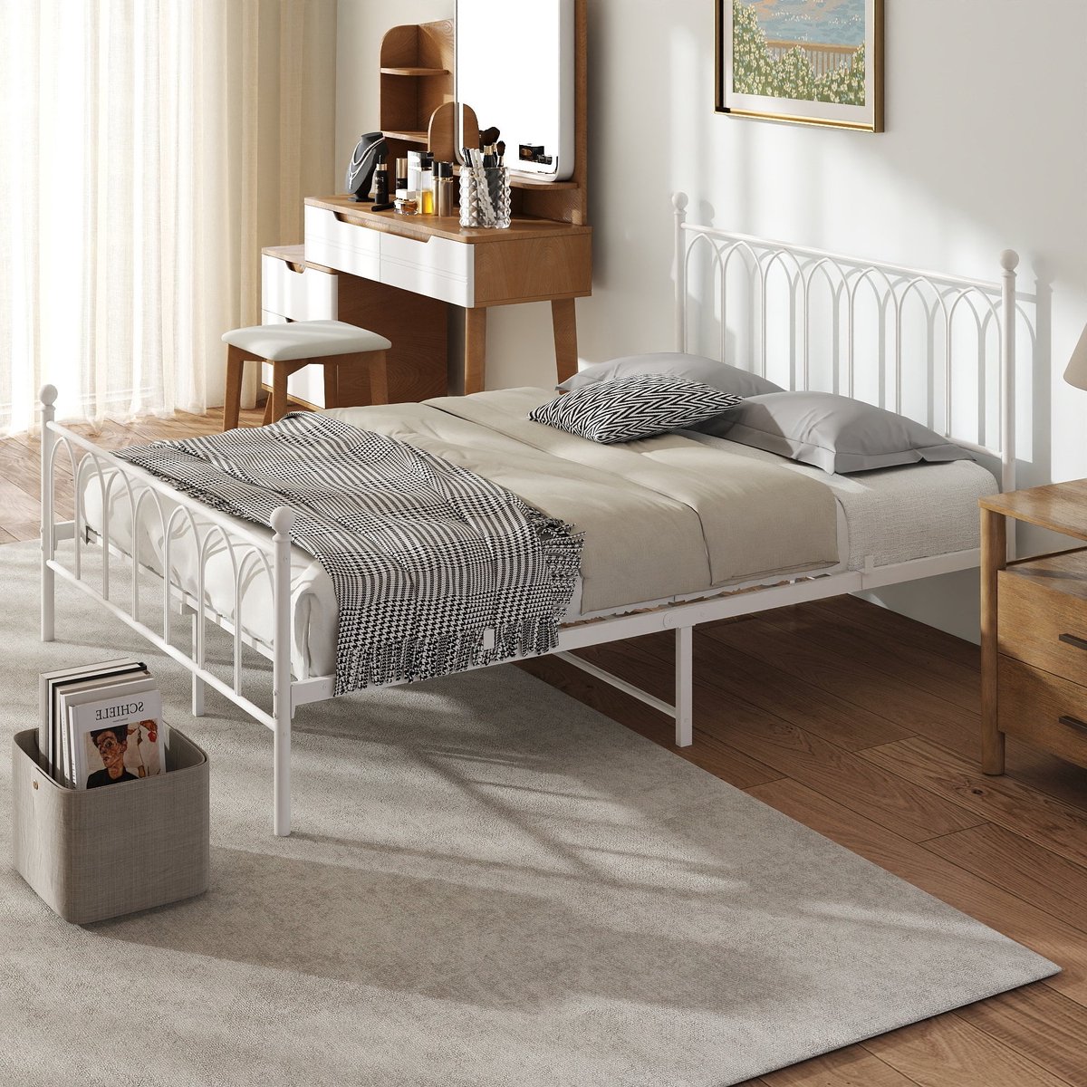 MODFU Klassiek Metalen Bedframe 140x200 cm – Gebogen hoofdbord & 27 cm opbergruimte – Wit – Brocante stijl – Incl. lattenbodem