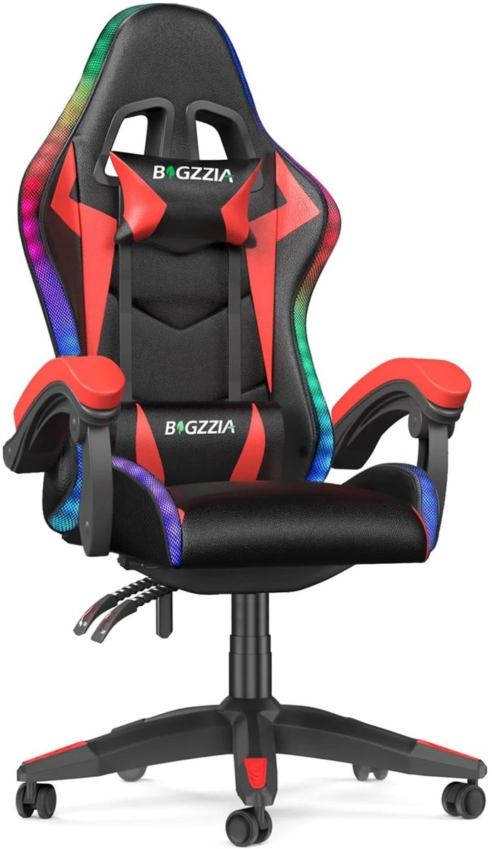NaevaMi Gaming Chair - Gamingstoel - Gaming Stoel met LED - Ergonimisch - Verstelbare Rugleuning, LED-Gamingstoel met Lendensteun en Hoofdsteun - Bureaustoel voor Volwassenen en Kinderen - Rood/Zwart
