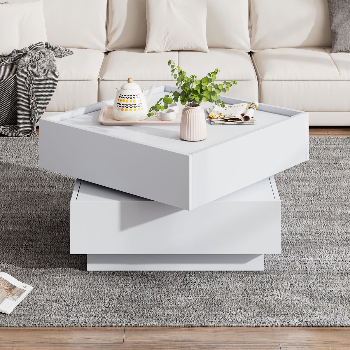 STILVORA Salontafels - Vierkante Salontafel Met Opbergkast - Draaibare Bovenkant - 60x60x38 cm - Spaanplaat - Wit