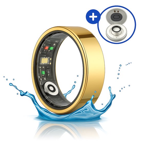 SyncGear Smart Ring - Slimme Ring voor Heren & Dames Inclusief Oplaadcase – Stappenteller - Activity Tracker - SpO2 - Zonder Abonnementskosten - IP68 Waterdicht - Nederlandse App - Maat 8 (Europese Maat 57) - Kleur: Goud